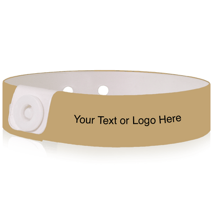 Slim vinyl wristbands with a placeholder to show where you can customize the wristband shown in gold