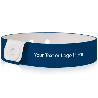 Slim vinyl wristbands with a placeholder to show where you can customize the wristband shown in navy blue