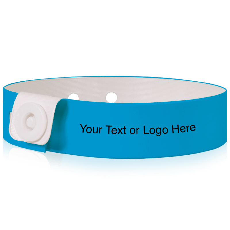 Slim vinyl wristbands with a placeholder to show where you can customize the wristband shown in neon blue