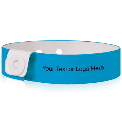 Slim vinyl wristbands with a placeholder to show where you can customize the wristband shown in neon blue