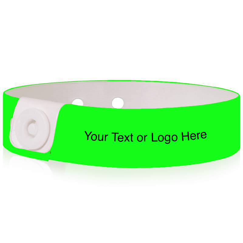Slim vinyl wristbands with a placeholder to show where you can customize the wristband shown in neon green