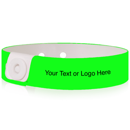 Slim vinyl wristbands with a placeholder to show where you can customize the wristband shown in neon green