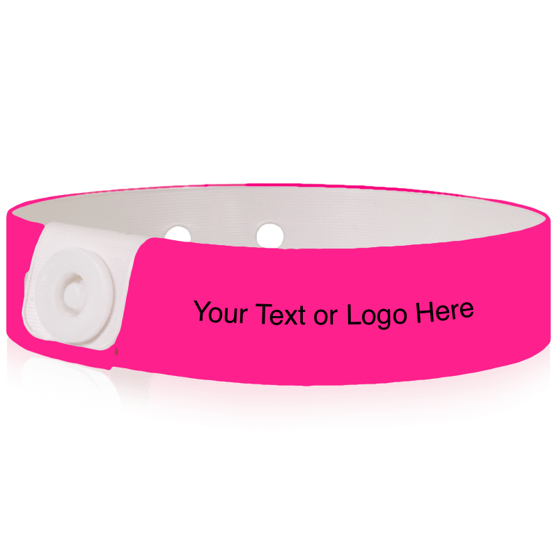 Slim vinyl wristbands with a placeholder to show where you can customize the wristband shown in neon pink