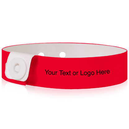 Slim vinyl wristbands with a placeholder to show where you can customize the wristband shown in neon red