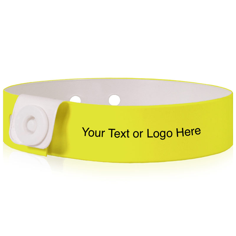 Slim vinyl wristbands with a placeholder to show where you can customize the wristband shown in neon yellow