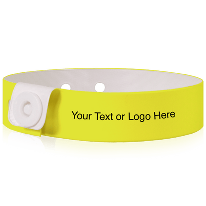 Slim vinyl wristbands with a placeholder to show where you can customize the wristband shown in neon yellow