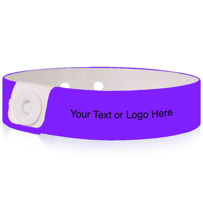Slim vinyl wristbands with a placeholder to show where you can customize the wristband shown in purple