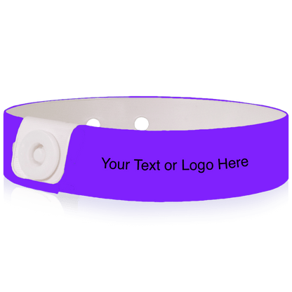Slim vinyl wristbands with a placeholder to show where you can customize the wristband shown in purple