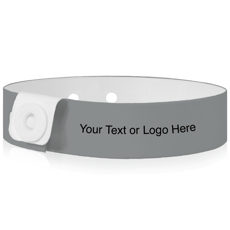 Slim vinyl wristbands with a placeholder to show where you can customize the wristband shown in silver