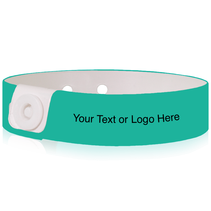 Slim vinyl wristbands with a placeholder to show where you can customize the wristband shown in teal