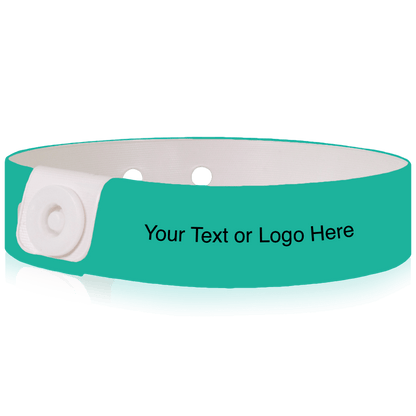 Slim vinyl wristbands with a placeholder to show where you can customize the wristband shown in teal