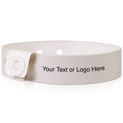 Slim vinyl wristbands with a placeholder to show where you can customize the wristband shown in white