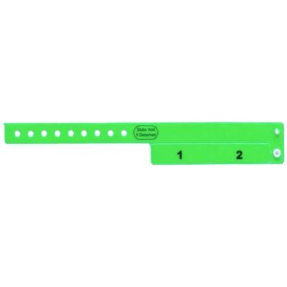 vinyl 2 tab wristbands shown in stock pattern with imprint "stub void if detached" and the number 1 and 2 on the stubs in neon green