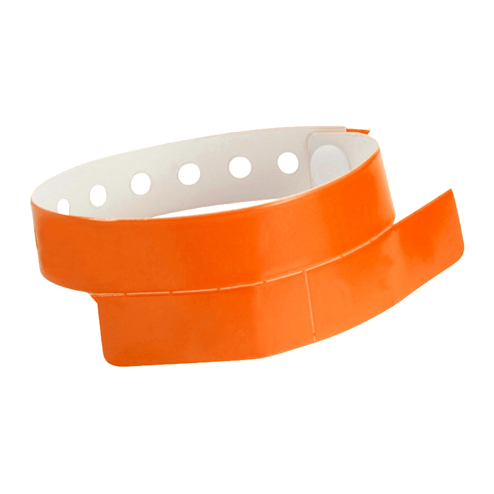 vinyl wristband with 2 tab in neon orange - round version shown 