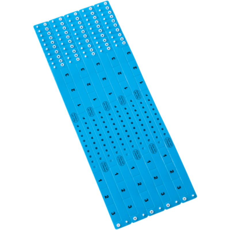 vinyl 3 tab wristbands shown in stock pattern with imprint "stub void if detached" and the number 1-3 on the stubs, shown in sheets of 10 in neon blue