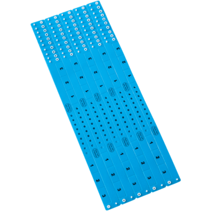 vinyl 3 tab wristbands shown in stock pattern with imprint "stub void if detached" and the number 1-3 on the stubs, shown in sheets of 10 in neon blue