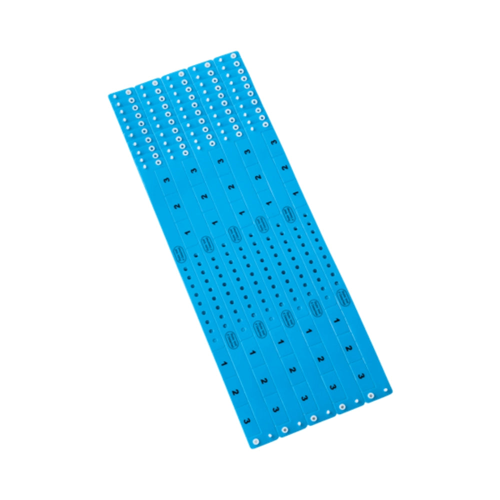 vinyl wristband with 3 tab in neon blue - showing sheets of 10 