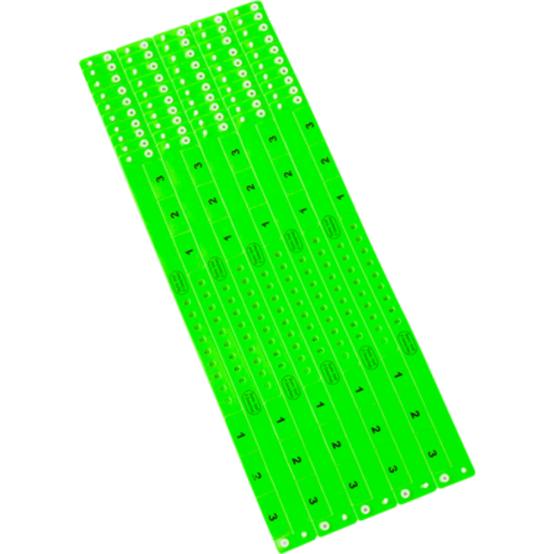 vinyl 3 tab wristbands shown in stock pattern with imprint "stub void if detached" and the number 1-3 on the stubs, shown in sheets of 10 in neon green
