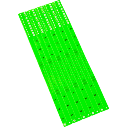 vinyl 3 tab wristbands shown in stock pattern with imprint "stub void if detached" and the number 1-3 on the stubs, shown in sheets of 10 in neon green