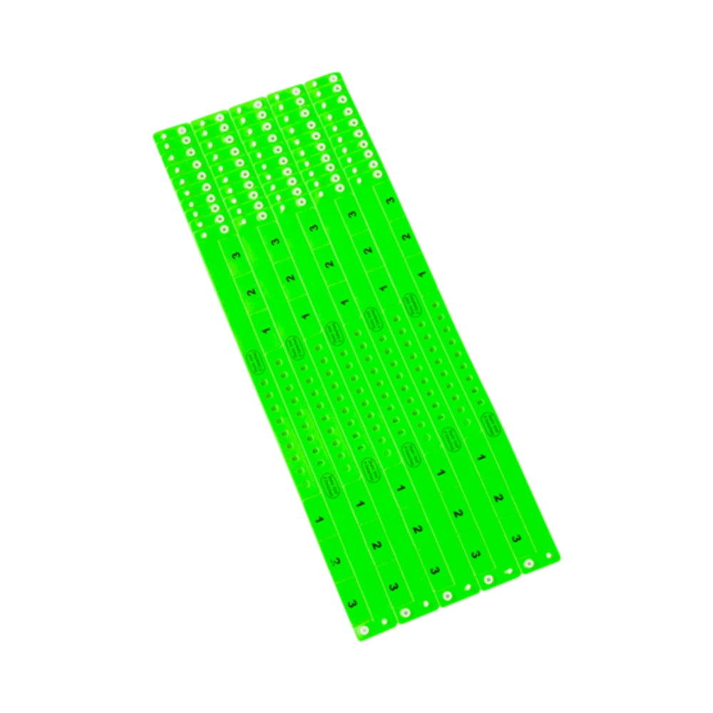 vinyl wristband with 3 tab in neon green - showing sheets of 10 