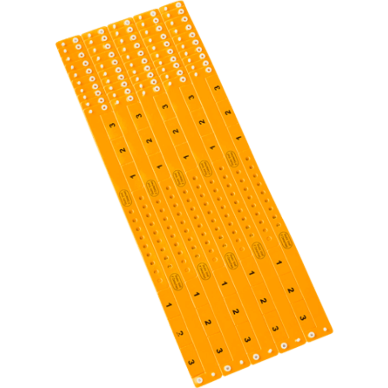 vinyl 3 tab wristbands shown in stock pattern with imprint "stub void if detached" and the number 1-3 on the stubs, shown in sheets of 10 in neon orange