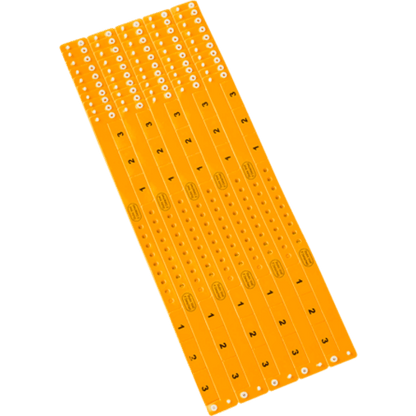 vinyl 3 tab wristbands shown in stock pattern with imprint "stub void if detached" and the number 1-3 on the stubs, shown in sheets of 10 in neon orange