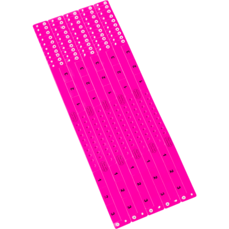 vinyl 3 tab wristbands shown in stock pattern with imprint "stub void if detached" and the number 1-3 on the stubs, shown in sheets of 10 in neon pink