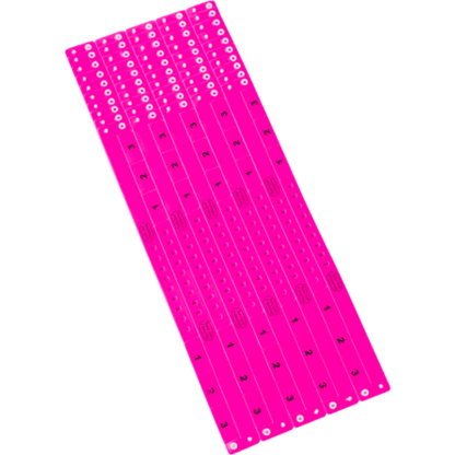 vinyl 3 tab wristbands shown in stock pattern with imprint "stub void if detached" and the number 1-3 on the stubs, shown in sheets of 10 in neon pink