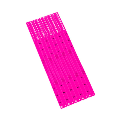 vinyl wristband with 3 tab in neon pink - showing sheets of 10 