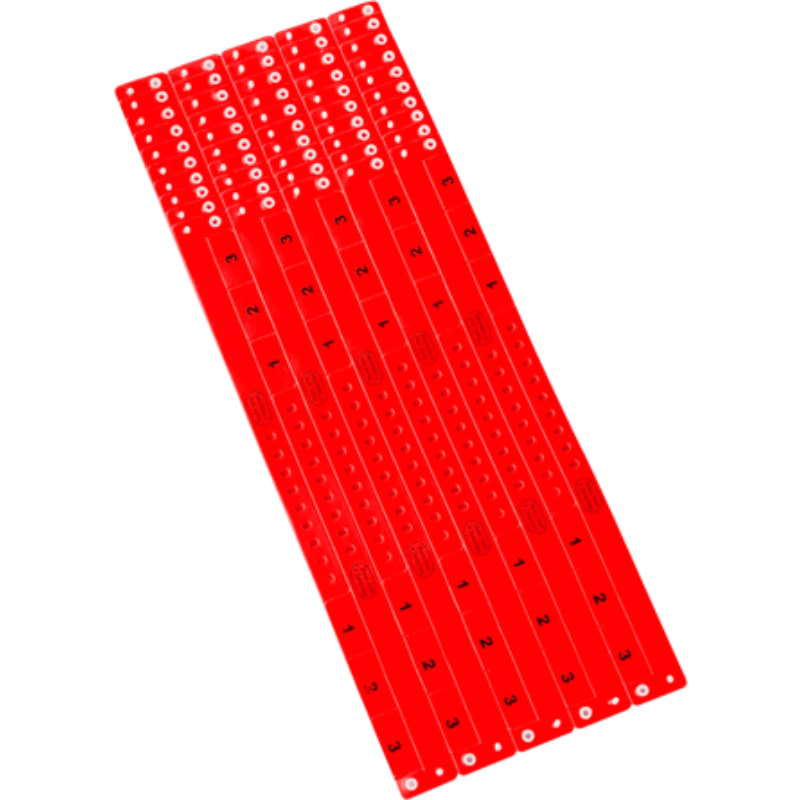 vinyl 3 tab wristbands shown in stock pattern with imprint "stub void if detached" and the number 1-3 on the stubs, shown in sheets of 10 in neon red