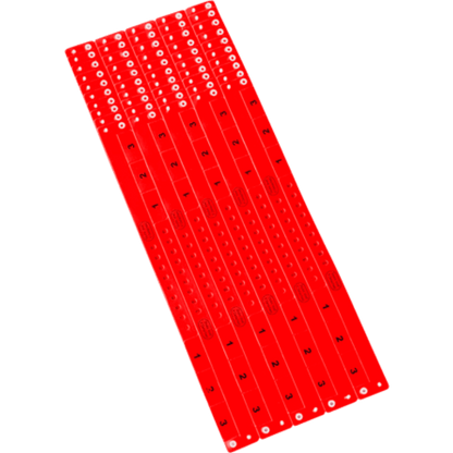 vinyl 3 tab wristbands shown in stock pattern with imprint "stub void if detached" and the number 1-3 on the stubs, shown in sheets of 10 in neon red