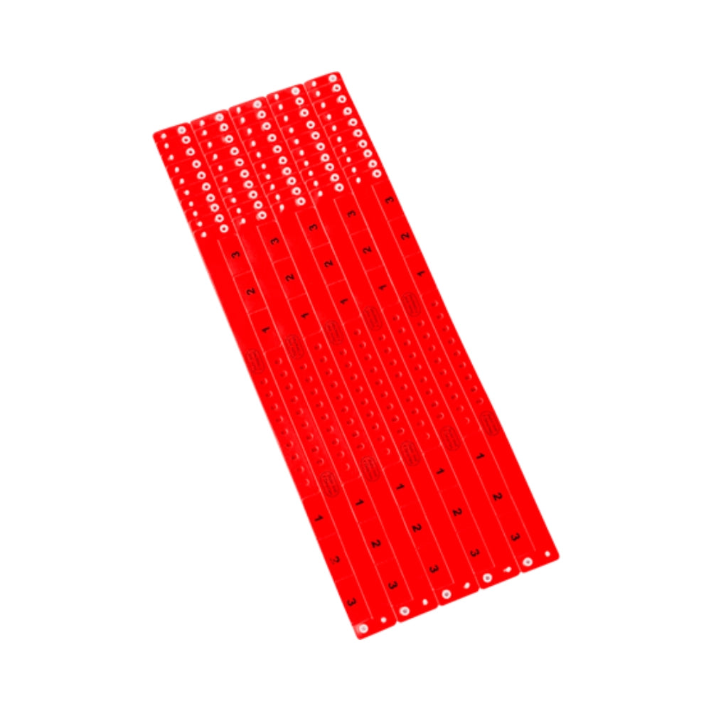 vinyl wristband with 3 tab in neon red - showing sheets of 10 