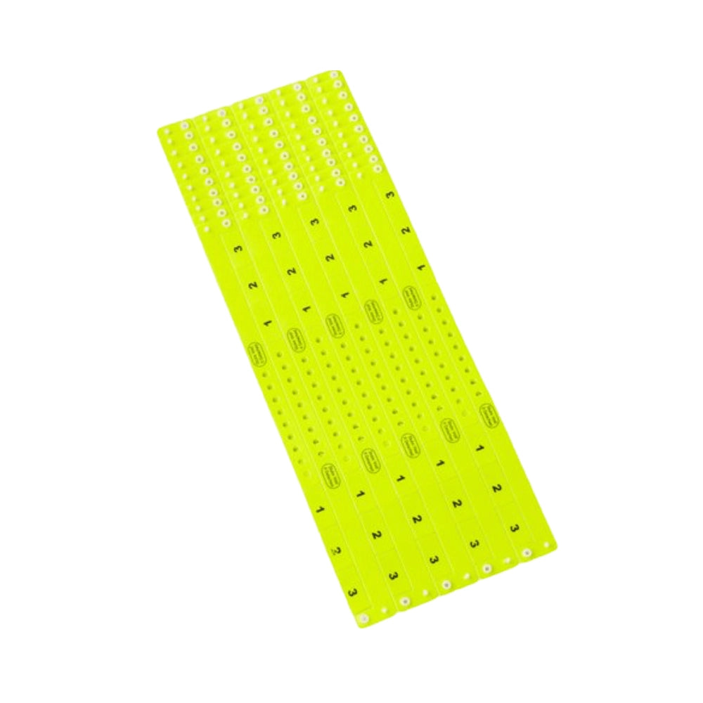 vinyl wristband with 3 tab in neon yellow - showing sheets of 10 