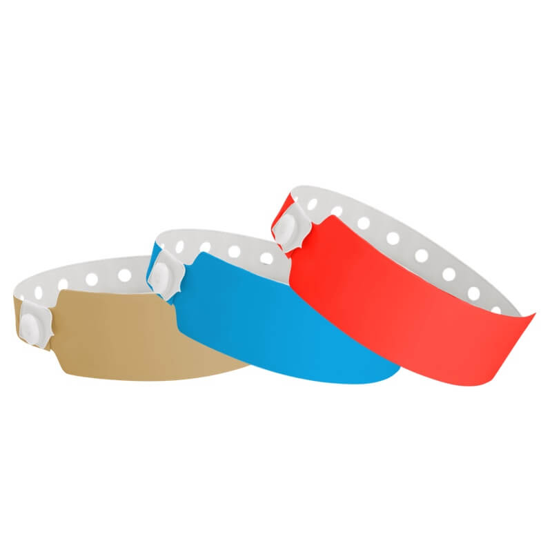 Wide face vinyl solid wristbands shown in gold, neon blue and neon red 