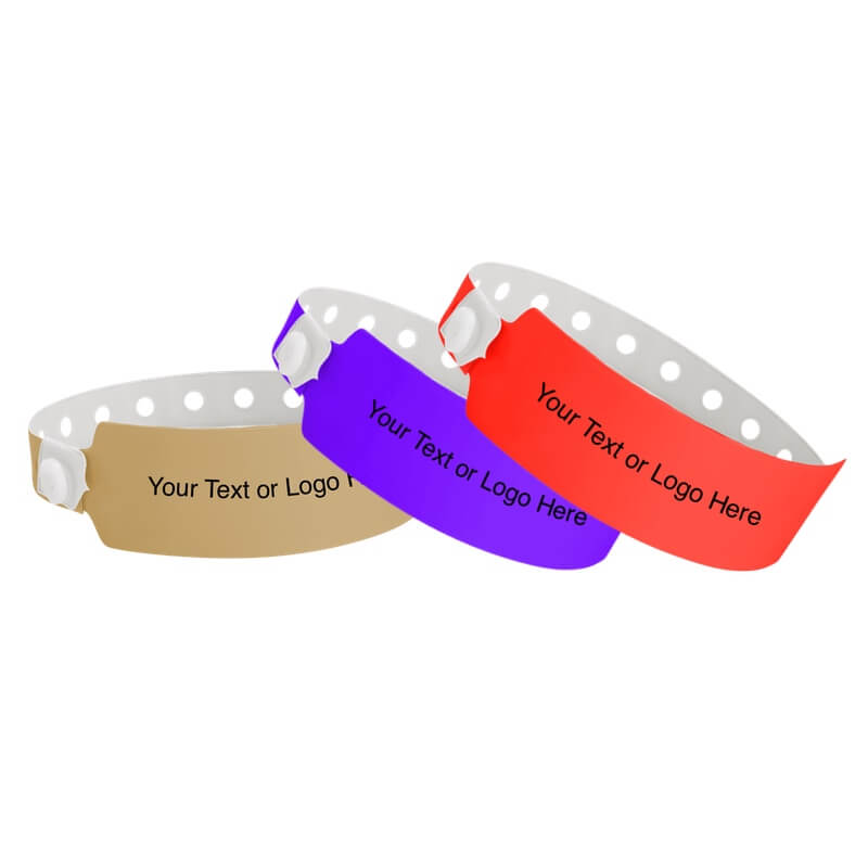 wide face vinyl wristbands with a placeholder to show where you can customize the wristband shown in gold, purple and neon red