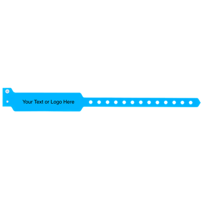 wide face vinyl wristbands with a placeholder to show where you can customize the wristband in neon blue