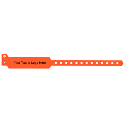 wide face vinyl wristbands with a placeholder to show where you can customize the wristband in neon orange