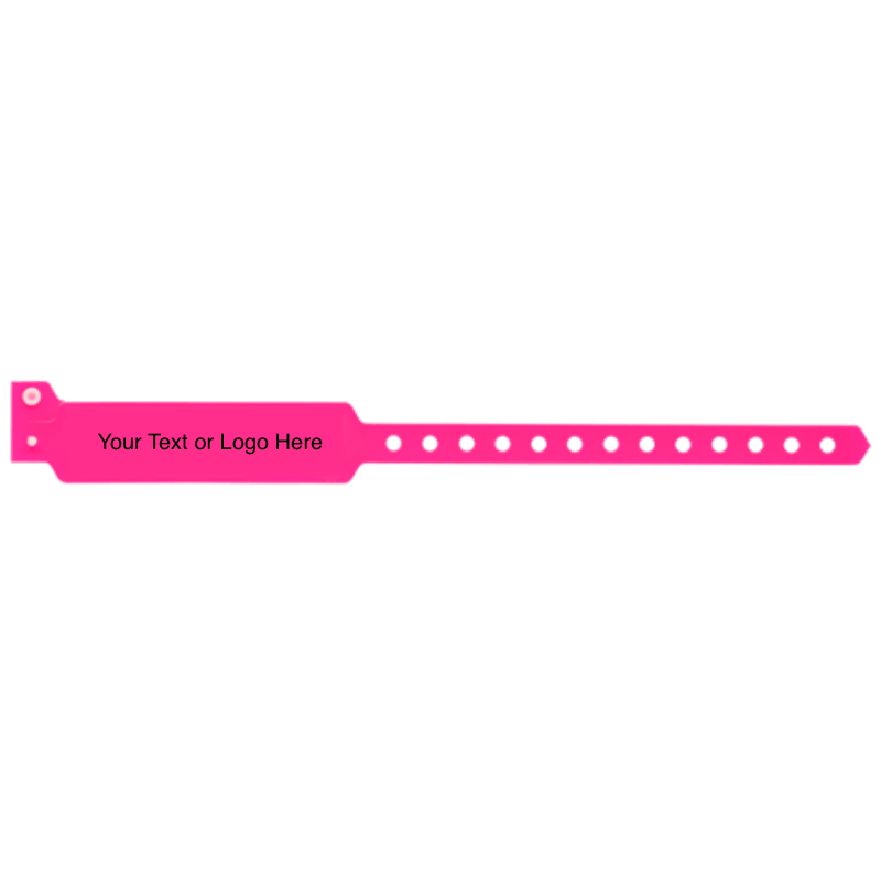 wide face vinyl wristbands with a placeholder to show where you can customize the wristband in neon pink