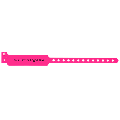 wide face vinyl wristbands with a placeholder to show where you can customize the wristband in neon pink