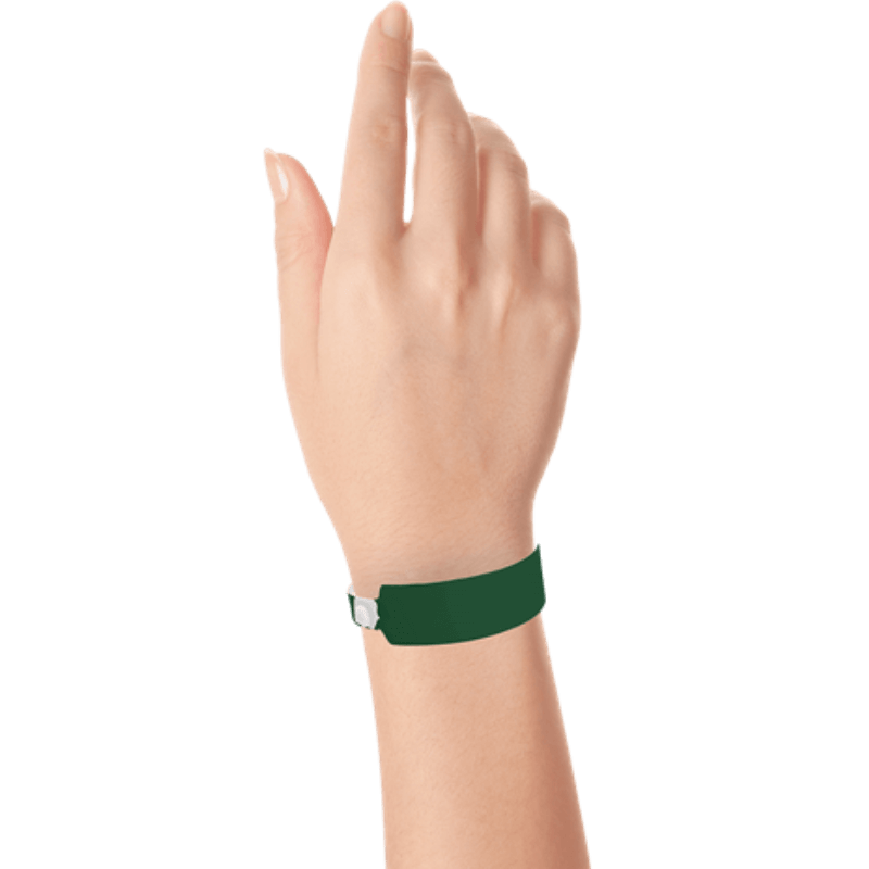 Wide face vinyl solid wristbands on hand in forest green