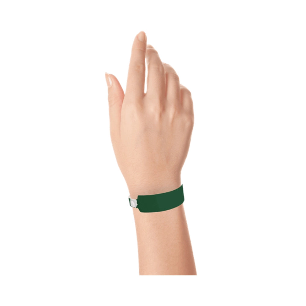 vinyl wide face wristband in forest green - shown on wrist 