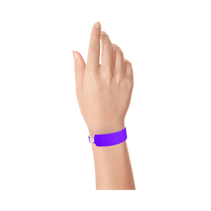 vinyl wide face wristband in purple - shown on wrist