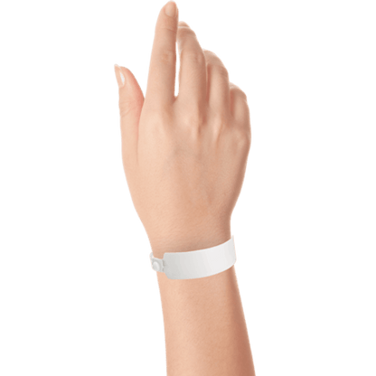 Wide face vinyl solid wristbands on hand in white 