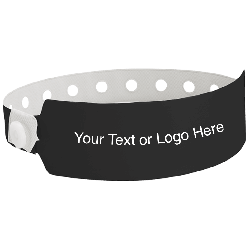 wide face vinyl wristbands with a placeholder to show where you can customize the wristband in black 