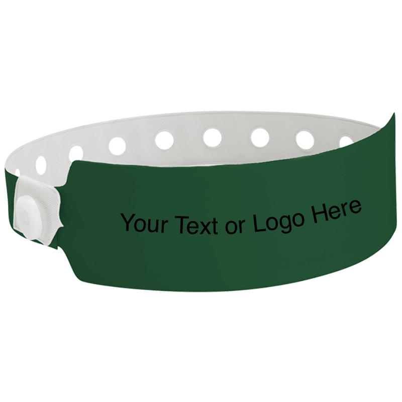 wide face vinyl wristbands with a placeholder to show where you can customize the wristband in forest green