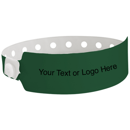 wide face vinyl wristbands with a placeholder to show where you can customize the wristband in forest green