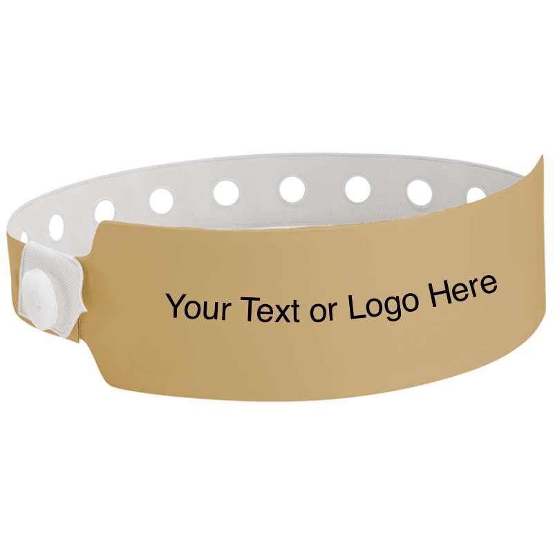 wide face vinyl wristbands with a placeholder to show where you can customize the wristband in gold