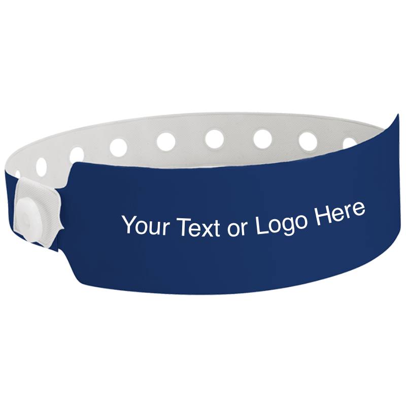 wide face vinyl wristbands with a placeholder to show where you can customize the wristband in navy blue 