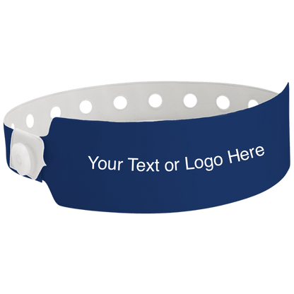 wide face vinyl wristbands with a placeholder to show where you can customize the wristband in navy blue 