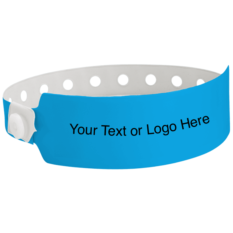 wide face vinyl wristbands with a placeholder to show where you can customize the wristband in neon blue 